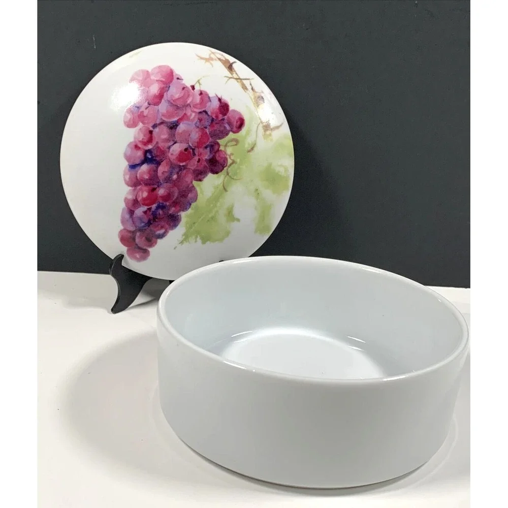 Gourmet du Village Ceramic Brie Baker Purple Grape Watercolor Lid Round White